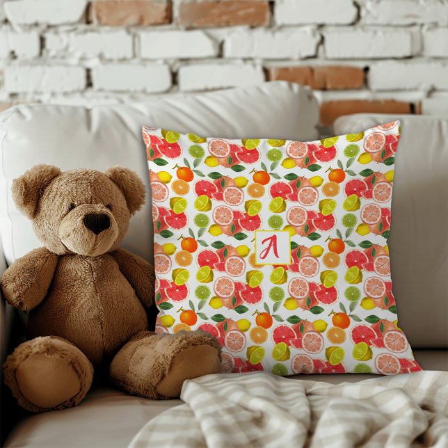 Lemon citrus yellow red Pattern  Cushion (The charming design showcases a mix of cheerful citrus fruits like lemons, grapefruits, limes.)