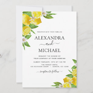 Lemon Citrus Yellow Watercolor Wedding Invitation