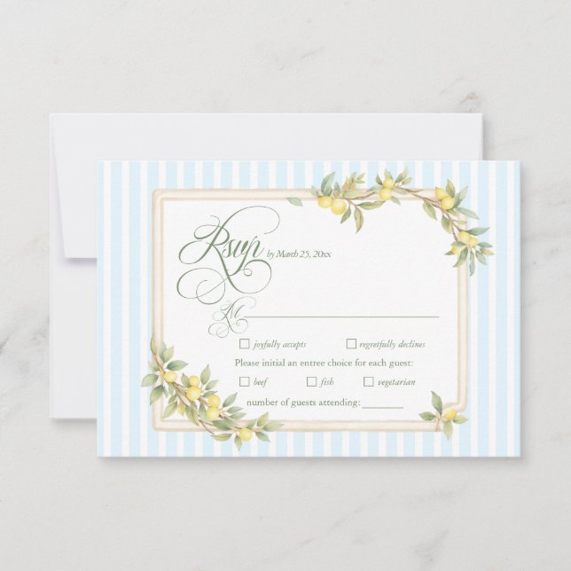 Lemon Coastal Stripe Wedding Menu Choice RSVP (Front)