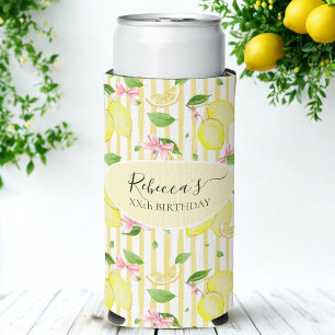 Lemon Coquette Pink Bows And Yellow Stripes Seltzer Can Cooler