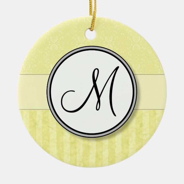 Lemon Cream Damask with Stripes and Monogram Ceramic Tree Decoration (Front)