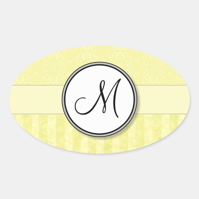 Lemon Cream Damask with Stripes and Monogram Oval Sticker (Front)