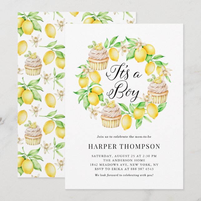 Lemon Cupcakes Wreath It's a Boy Baby Shower Invitation (Front/Back)