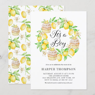 Lemon Cupcakes Wreath It's a Boy Baby Shower Invitation