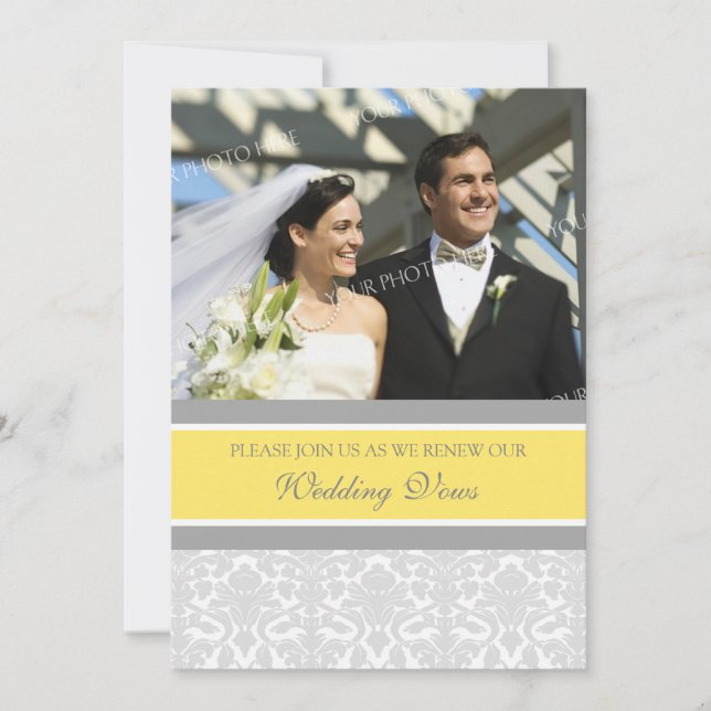 Lemon Damask Photo Wedding Vow Renewal Invitations (Front)