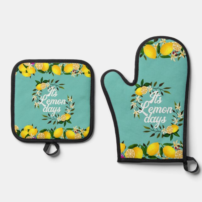 Lemon Days Aqua Oven Mitt & Pot Holder Set (Front)