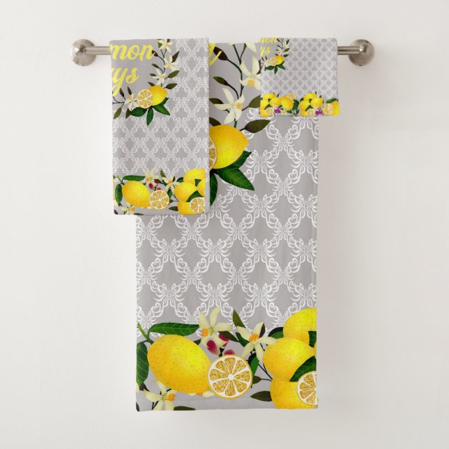 Lemon Days Motif Grey Bath Towel Set (Insitu)