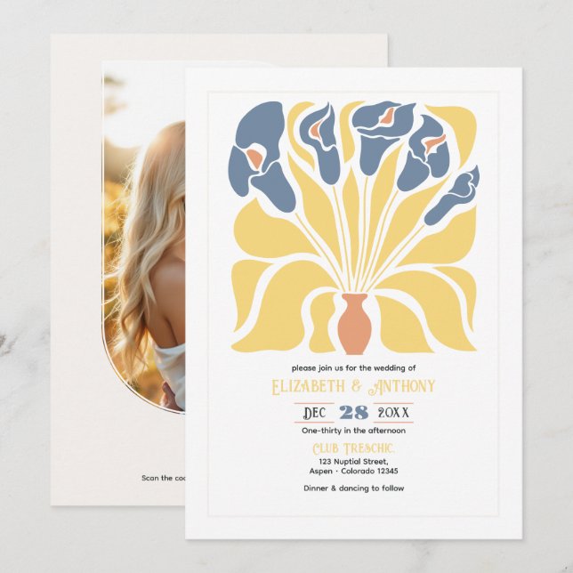 Lemon & Denim Abstract Floral Boho Wedding Invitation (Front/Back)