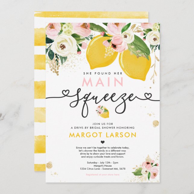 Lemon Drive By Bridal Shower Lemon Main Squeeze Invitation (Front/Back)