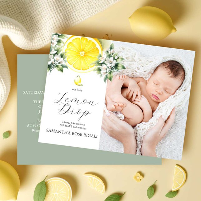 Lemon Drop Invitations Sip and See (Sip and see baby shower invitations watercolor lemon theme with photo by Victoria Grigaliunas)