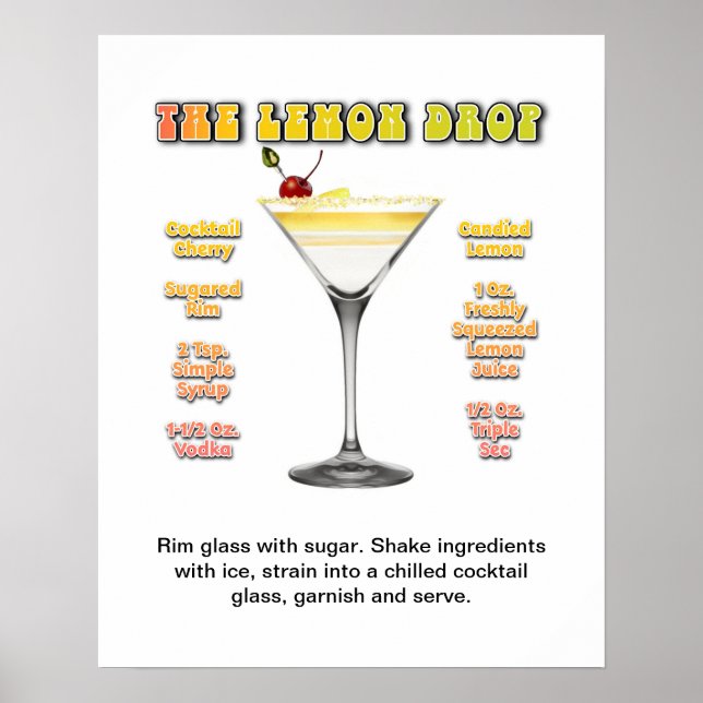LEMON DROP MARTINI 16"x20" Cocktail Recipe Art Poster (Front)