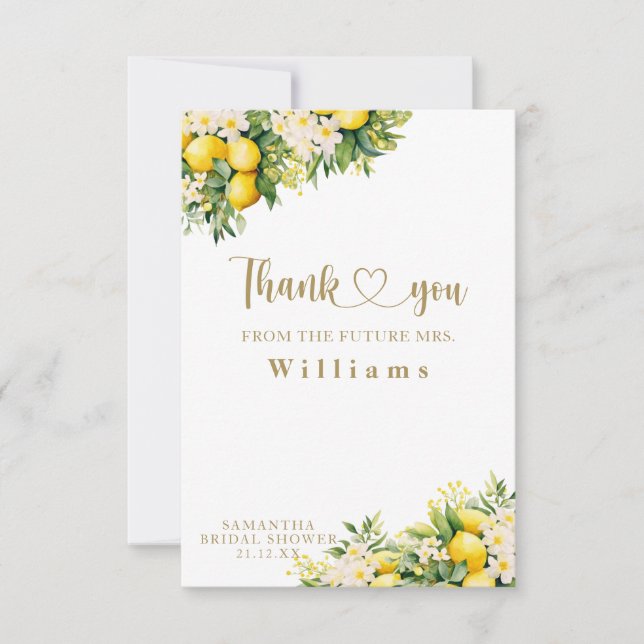 Lemon Elegant Modern Summer Bridal Shower  Thank You Card (Front)