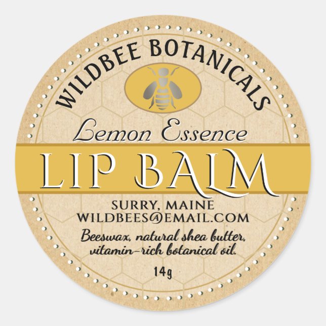Lemon Essence Kraft Beeswax Lip Balm Dotted Border Classic Round Sticker (Front)