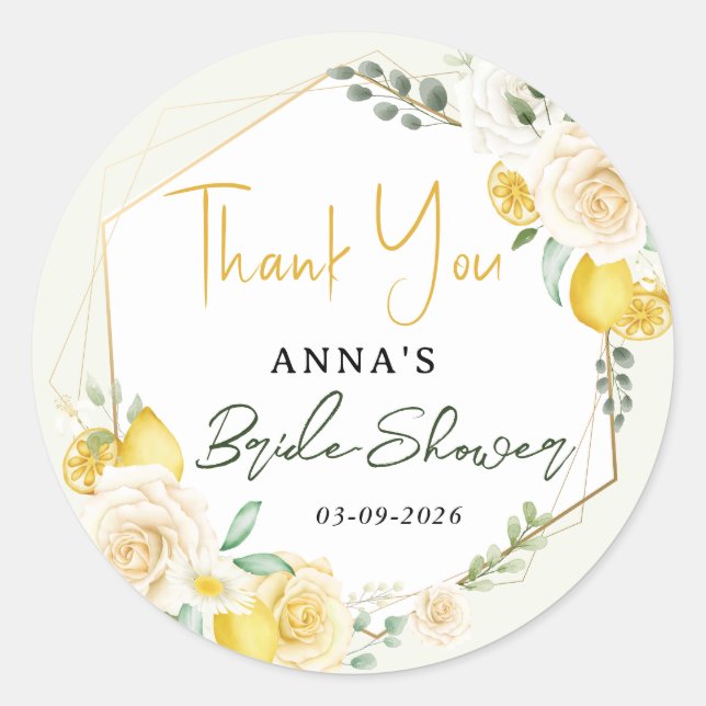 Lemon Eucalyptus Floral Bridal Shower Thank You Classic Round Sticker (Front)