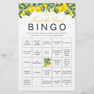 Lemon Find The Guest Bingo Bridal Shower Game Card
