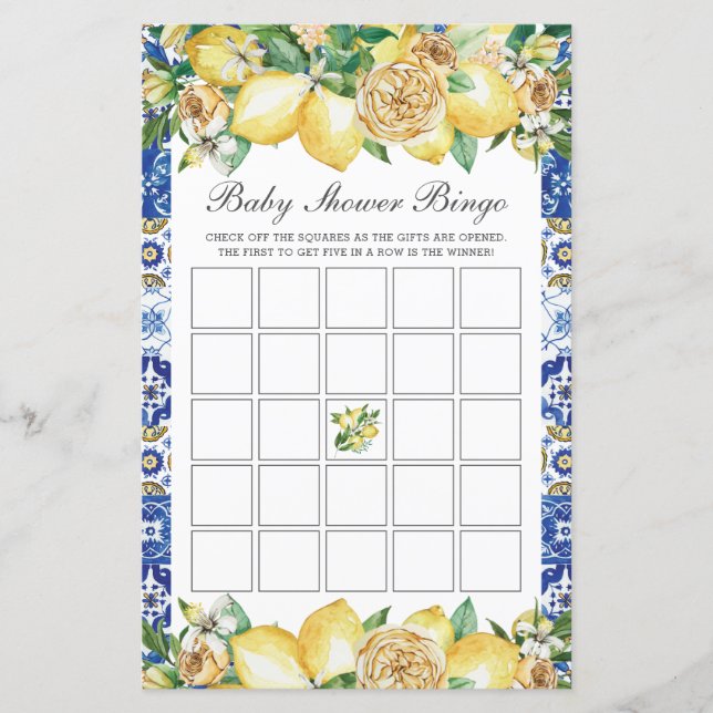 Lemon Floral Baby Bridal Shower Bingo Party Game (Front)