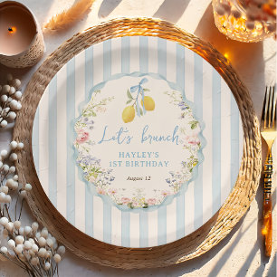 Lemon Floral Blue Bows Paper Plate