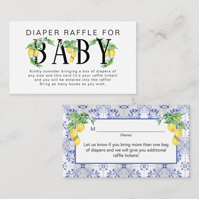 Lemon Floral Blue White Citrus Diaper Raffle Enclosure Card (Front/Back)