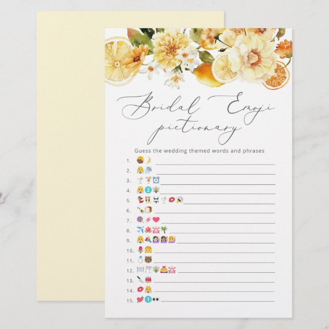 Lemon floral bridal shower emoji pictionary game (Front/Back)