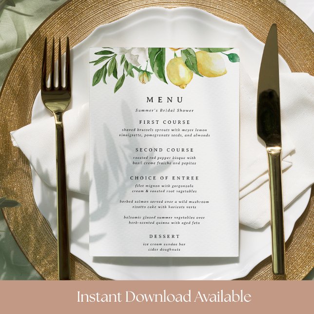 Lemon Floral Bridal Shower or Wedding Menu Card (Creator Uploaded)