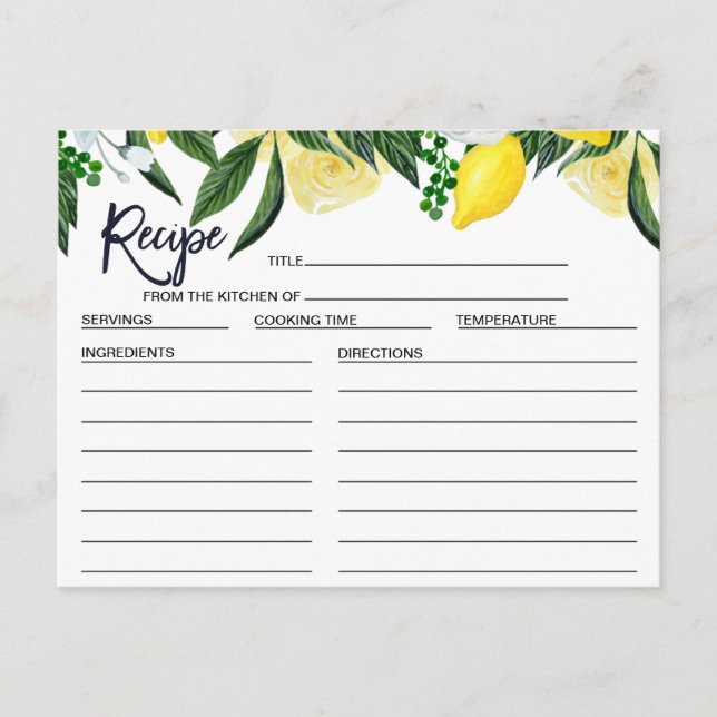 Lemon Floral Bridal Shower Recipe Card (Front)