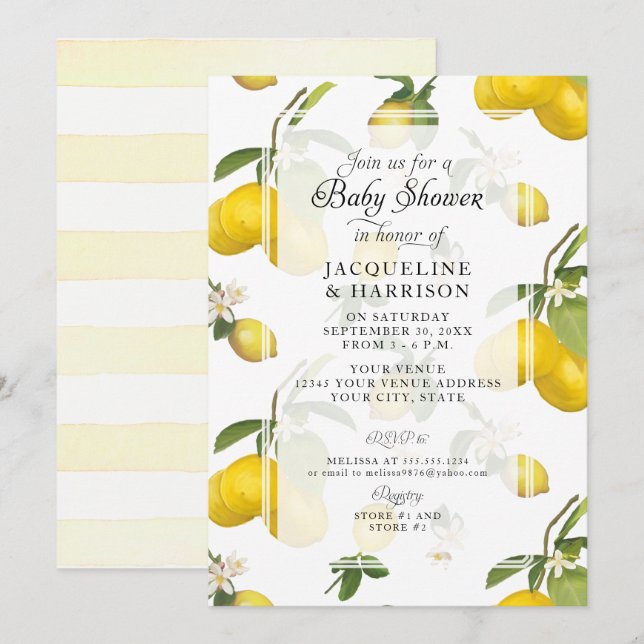 Lemon Floral Citrus Foliage Greenery Baby Shower   Invitation (Front/Back)