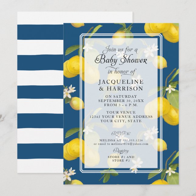 Lemon Floral Citrus Greenery Blue Baby Boy Shower Invitation (Front/Back)