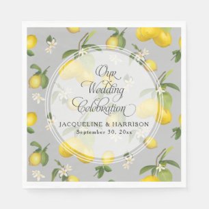 Lemon Floral Citrus Greenery Grey n Yellow Wedding Napkin