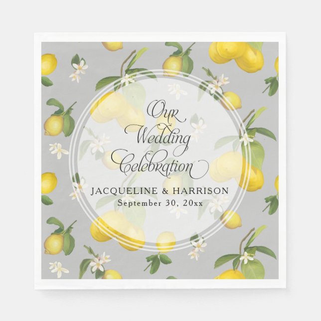 Lemon Floral Citrus Greenery Grey n Yellow Wedding Napkin (Front)