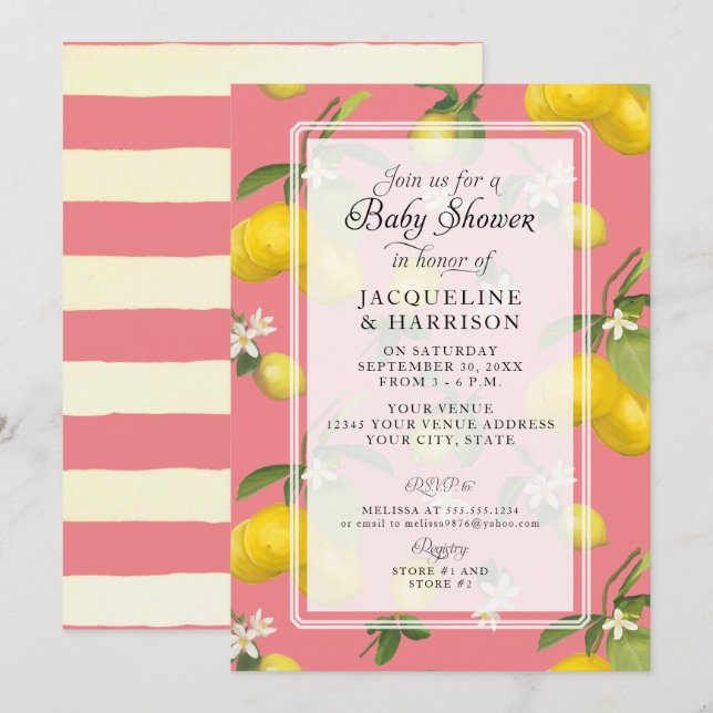 Lemon Floral Citrus Greenery Pink Baby Girl Shower Invitation (Front/Back)