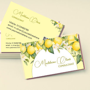 Lemon Floral Citrus Modern Stylish QR Code Gold   Business Card