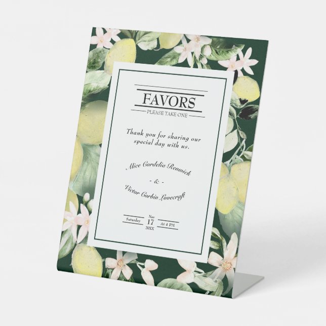 Lemon Floral Emerald Green Wedding Favours Sign (Front)