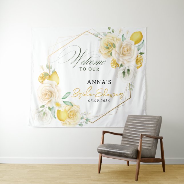 Lemon Floral Eucalyptus Bridal Shower Backdrop Tapestry (In Situ (Horizontal))