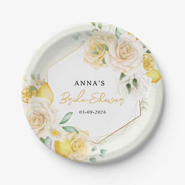Lemon Floral Eucalyptus Floral Bridal Shower  Paper Plate (Front)