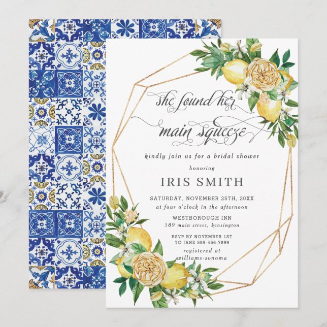 Lemon Floral Geometric Main Squeeze Bridal Shower Invitation (Front/Back)