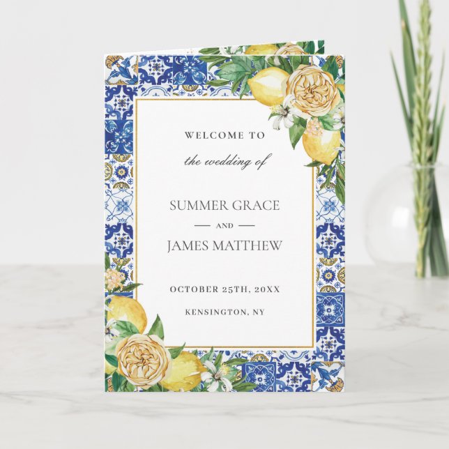 Lemon Floral Greenery Azure Mosaic Tiles Wedding   Programme (Front)