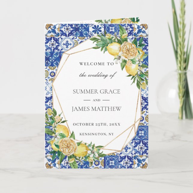 Lemon Floral Greenery Mosaic Geometric Wedding Programme (Front)