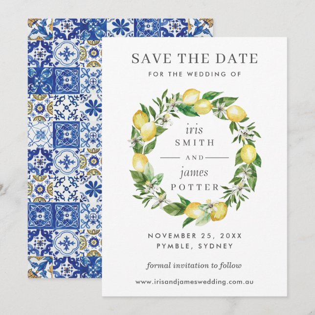 Lemon Floral Greenery Wedding Save the Date Card (Front/Back)