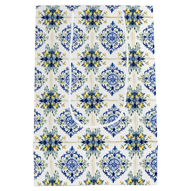 Lemon Floral Italian Tile Blue and White Decoupage Medium Gift Bag (Back)