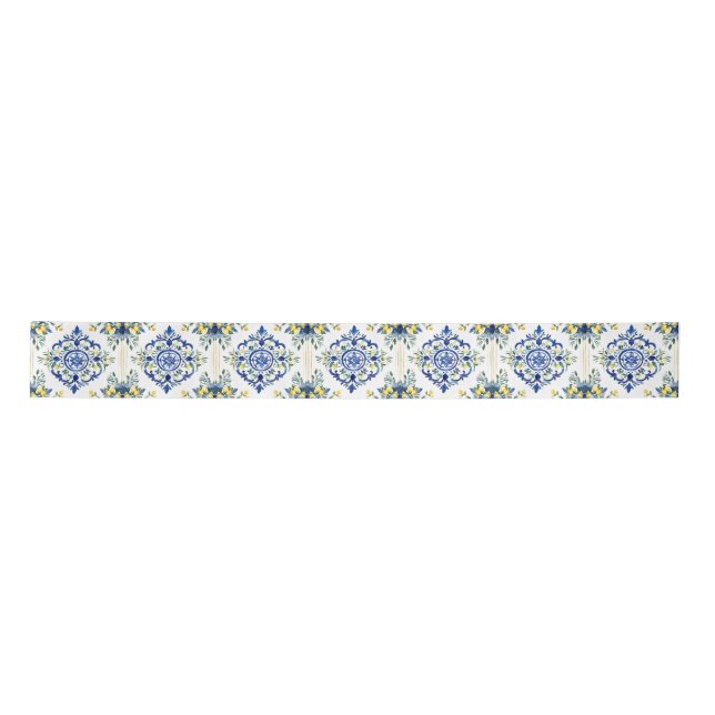 Lemon Floral Italian Tile Blue and White Decoupage Satin Ribbon (Front)