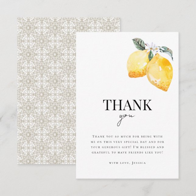 Lemon Floral & Italian Tile Citrus Bridal Shower Thank You Card (Front/Back)