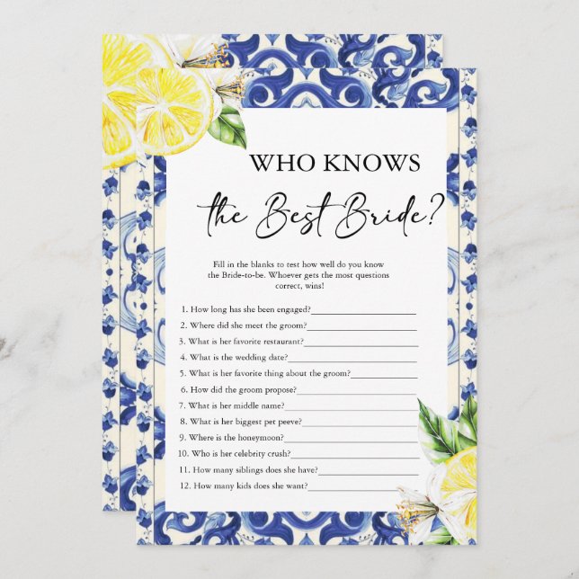 Lemon Floral Mediterranean Bridal Shower game Invitation (Front/Back)