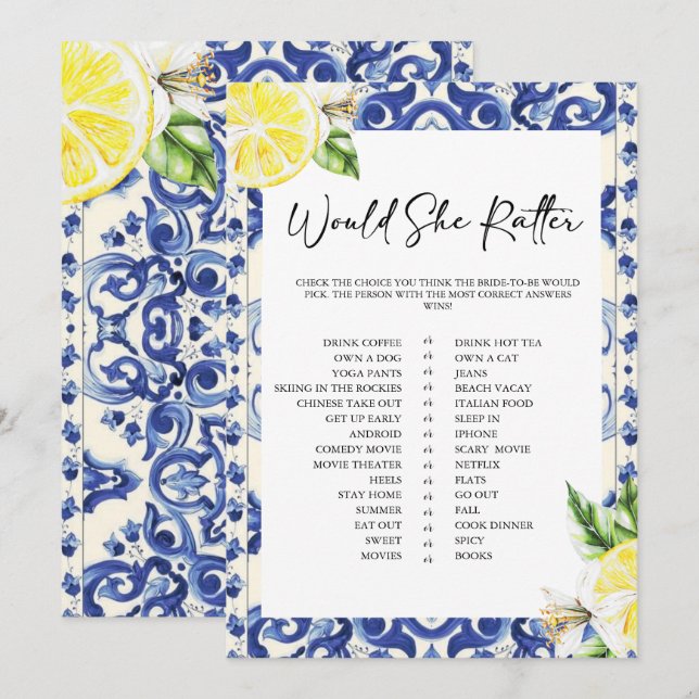 Lemon Floral Mediterranean Bridal Shower game Invitation (Front/Back)