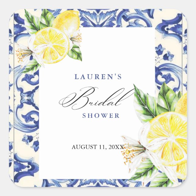 Lemon Floral Mediterranean Bridal Shower Square Sticker (Front)