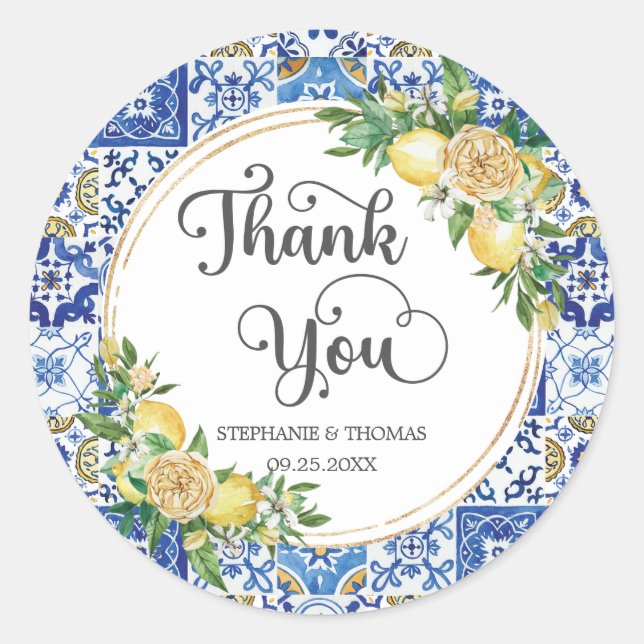 Lemon Floral Meditteranean Mosaic Tiles Wedding Classic Round Sticker (Front)