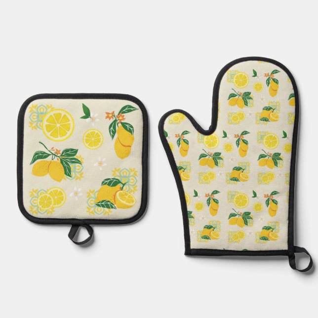 Lemon Floral Oven Mitt & Pot Holder Set (Front)