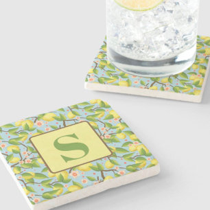 Lemon Floral Pattern Pretty Custom Initial Stone Coaster