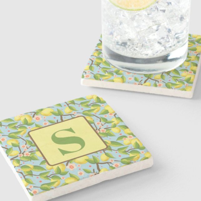 Lemon Floral Pattern Pretty Custom Initial  Stone Coaster (Creator Uploaded)