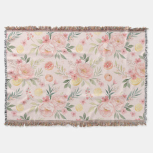 Lemon  Floral pink Peony Pattern  Throw Blanket