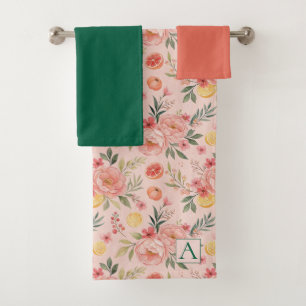 Lemon  Floral pink Peony rustic Pattern monogram Bath Towel Set